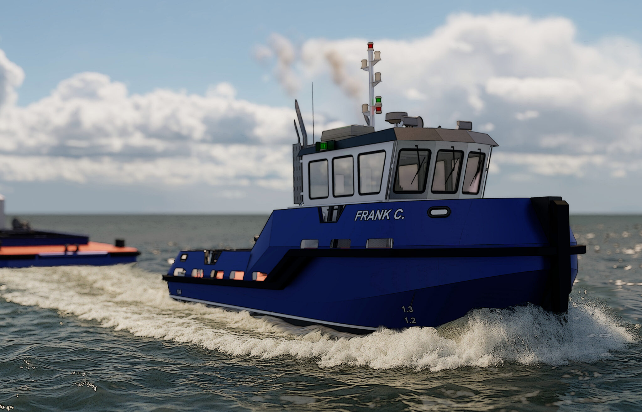 Frank C. tugboat underway – Navanex design for Les Entreprises PEC Inc., realistic rendering.